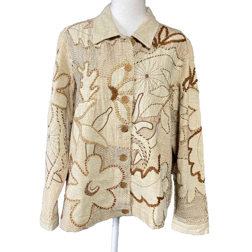 Laura Ashley Jacket Womens Large Beige Cotton Silk Embroidered Floral Lined